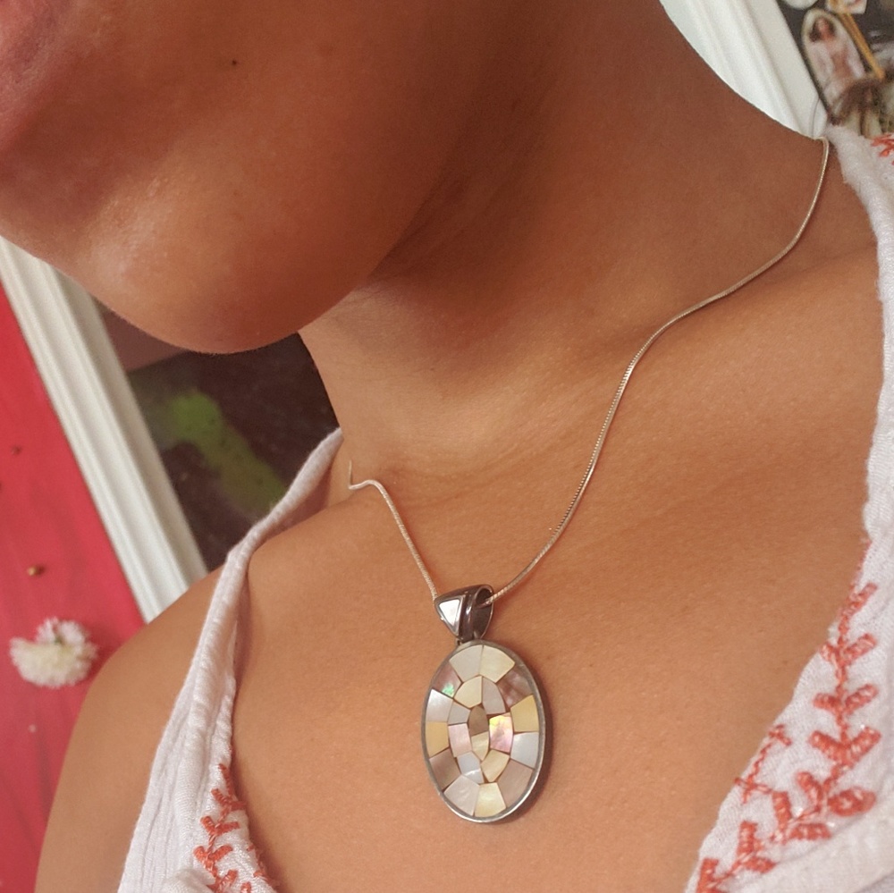 Mosaic stone charmed w/ silver necklace